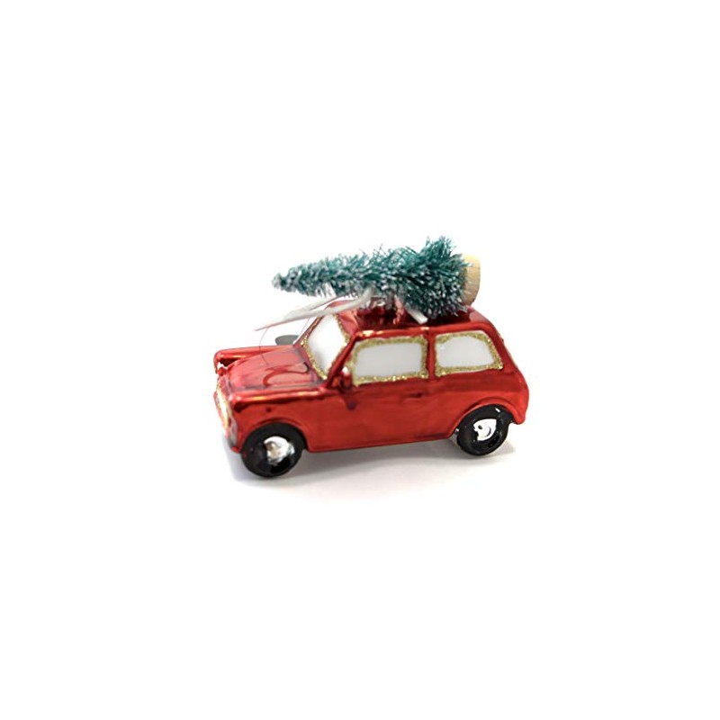 Festive Red Retro Mini with Christmas Tree on Roof Bauble