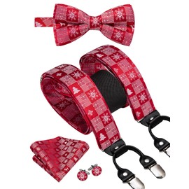 Dubulle Silk Christmas Suspender for Men Mens Festival Pattern Braces and Bowtie Handkerchief Cufflinks Set,Reds