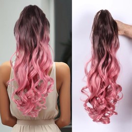 Ponytail Extension,Claw Clip Ponytail Extension Clip in Wavy Ponytail Hair Extensions Long Pony Tails for Women Extensions Wave Hairpiece Clip on Pony Tails Hairpiece for Women (渐变粉色)