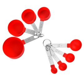 SAHENITEANA Juegos de 8 Cucharas Medidoras, Herramientas de Medición de Cocina Apilables con Mangos de Acero Inoxidable, Taza y Cuchara de Medición para Medir Líquidos y Los Ingredientes (Rojo)
