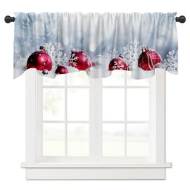 DOTOOMA 54x18 Inches Red Christmas Ball Snowflake Window Valance Thick Snow Winter Holiday Decoration of Bedroom Window Polyester Rod Pocket