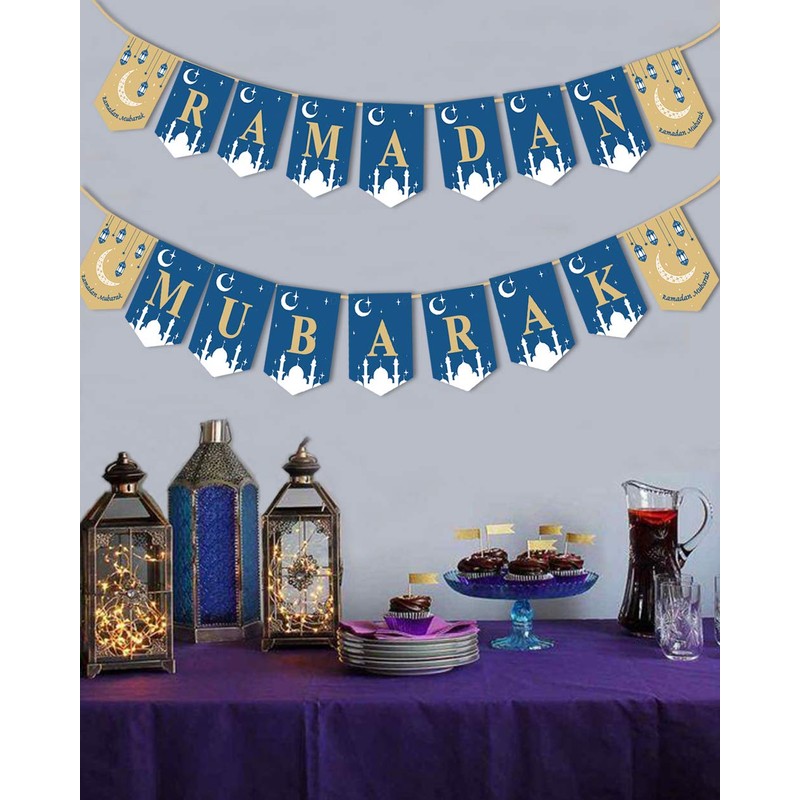 Happy Storm Ramadan Mubarak Banner - Blue Pennant Banner for