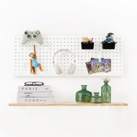 NOZE Pegboard Floating Shelf with LED Light, 31.5'' Wall Mounted Wood Shelveswith Pegboard, Shelving Board Organizer for Office, Kitchen, Garage, White and Natural