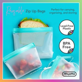 MUMI Reusable Zip Up Bags - Food Storage Bags Travel Organizer - Airtight and Leak-proof Ziplock Bags - Set of 3 Reusable Bags with Zipper - Pink