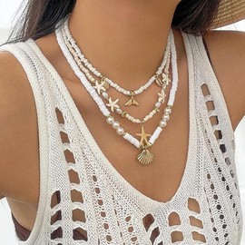 YANCHUN Seashell Necklace for Women Starfish Necklace Layered Sea Shell Charm Necklaces Summer for Women Beach Vacation Essentials Holiday Surfer Jewelry, Shell, no gemstone