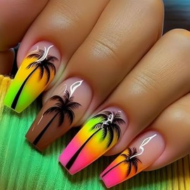 ONPRESS 24 Uñas Postizas De Verano, Medianas, Cuadradas, Forma De Ataúd, Diseño De Cocotero, Cobertura Completa, Punta Francesa Con Degradado De Color