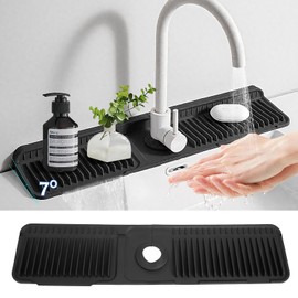 24"Longer Silicone Faucet Mat For Kitchen Sink Splash Guard -7° Slope Snap Lock- Sink Faucet Mat Splash Guard Kitchen Sink Area Silicone Sink Water Splash Guard Behind Faucet (Black, 24"x5.5")