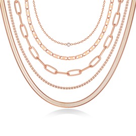 CASSIECA 5Pcs Gold Layered Necklace for Women, Rose Gold Necklaces Paperclip Snake Cubic Zirconia Chain Necklace Stackable Dainty Womens Jewellery Necklaces