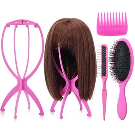 2 Pack Pink Wig Head Stand with 3 PCS Wig Brush Comb, Travel Wig Holder Comb Set for for Women Multiple Wigs