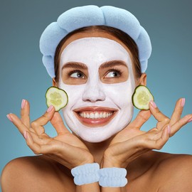 TIOSRU Blue Spa Headband and Wristband Set-Headband for Washing Face Sponge Skincare Headbands Makeup Headbands for Women Girls Cute Bow Skin Care headband Soft Bubble Face Wash Headband for Women