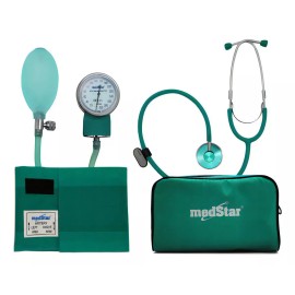 MedStar Kit Baumanómetro Aneroide Con Estetoscopio De Una Campana Simplex Color Verde Medstar, Brazalete 23-32 Cm Tamaño Estándar
