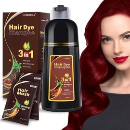 MEIDU 3 in 1 Hair Dye Shampoo - Can cover gray hairs,Herbal Ingredients,Contains Ginseng Extract,Natural Haircoloring, black hairdye:_Dark Wine Red+2Hair Mask