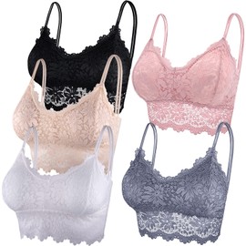 Duufin Pack of 5 Lace Bras, Bralette, Lace, Padded, for Women and Girls, 5 Colours - L-XL