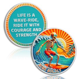 Surfing Skeleton Sobriety Coin, Ride Boldly AA NA Medallion - Addiction Recovery Affirmation Coin - Sobriety Gifts for Women Men - Non-Religious Design
