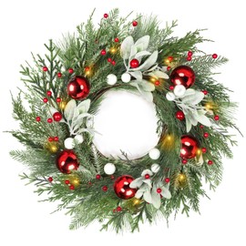 20 Inch Christmas Wreaths for Front Door with Long Pine Needles Aspen Fir&Norfolk Pine Tips Lambs Ear Cypress Leaves Red White Xmas Balls Red Berries 30 LEDs Warm White Lighted Christmas Wreath Decor