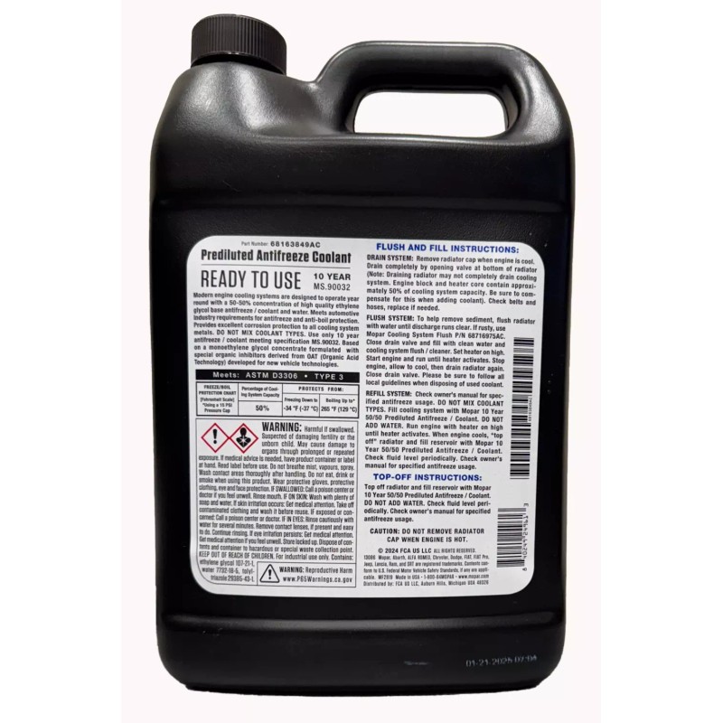Mopar 68163849AB Engine Coolant / Antifreeze 10 Year 50/50 Prediluted