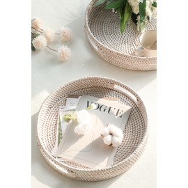 HITOMEN 11.8" Hand-Woven Round Rattan Serving Tray Decorative Wicker Trays with Handles for Coffee Table (Whitewash-M)