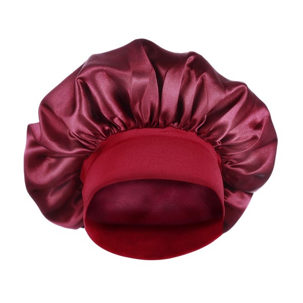 Healifty Dark Red Satin Sleep Cap Night Hat Hair Caps with Soft Elastic Band for Women Girls Size M 56-58cm