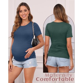 Huukeay 4 Pack Women's Maternity Shirts, Crew Neck Maternity Top Short Sleeve Casual Cotton Tee Side Ruched Pregnancy Clothes(Black, Apricot, Haze Blue, Dark Green,Large)