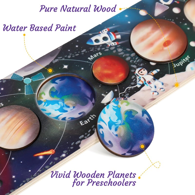Zeoddler Solar System Toys for Kids 3-6, Wooden Space Puzzle,