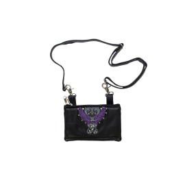 Dream Apparel Black Biker Studded Naked Cowhide Leather Belt Bag with Purple Wings
