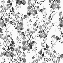 VEELIKE Chinoiserie Floral Wallpaper Boho Peel and Stick Black and White Wallpaper 17.7''x118'' Self Adhesive Wall Decor Removable Black and White Contact Paper for Bedroom Powder Room Walls Backdrop