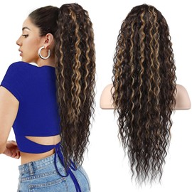 FLUFYMOOZ Ponytail Extension, 26 Inch Bohemian Style Drawstring Ponytail Hair Extensions for Women, Long Curly Wavy Ponytail Natural Synthetic Hairpiece for Women (26 Inch Chocolate Brown with Blonde Highlights)