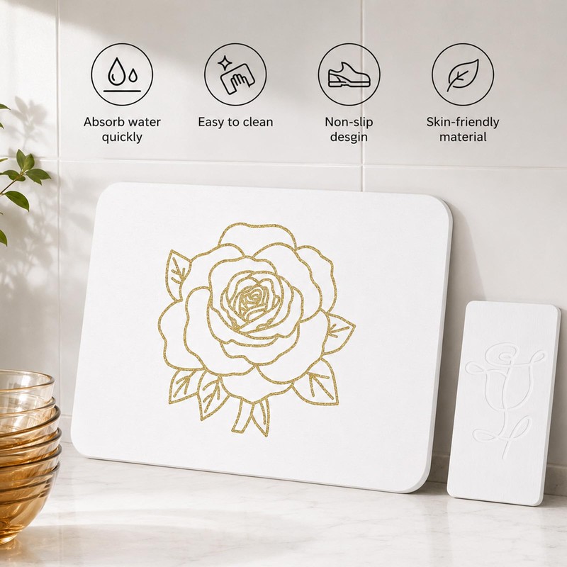 Stone Dish Drying Mat for Kitchen Counter, Glittery Resin Rose