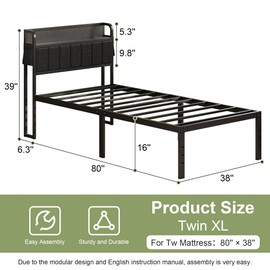 Lutown-Teen 16 Inch Twin XL Bed Frames with Storage Headboard, Modern Design Metal XL Twin Bed Frame No Box Spring Needed, Easy Assembly, Black