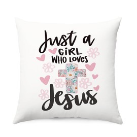 QROZIAR Vintage Christian Pillow Covers, Pink Just A Girl Who Loves Jesus Decorative Throw Pillow Covers 18x18, Christian Gift for Women Girls, Religious Room Decor Pillow Cases for Home Bedroom Couch