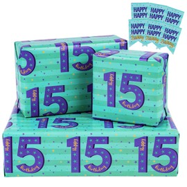 RUSPEPA Birthday Wrapping Paper Sheets with Gift Tags for Teenager Boys' Birthday Gift Wrap, 6 Fold on Sheets Each Set, 27 inches x 19 inches, Age 15