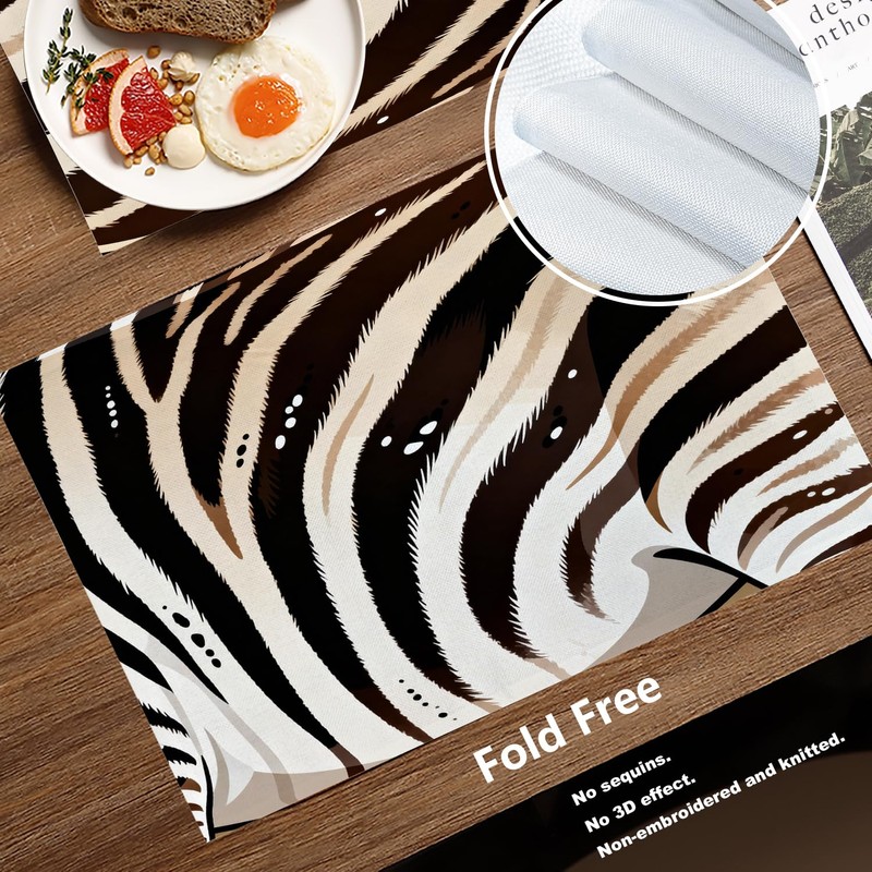Batmerry Zebra Animal Black Linen Placemats Set of 8, Black