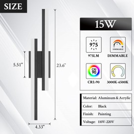 Sparklelf LED Wall Sconce Black Modern Remote Wall Light Fixtures for Living Room, Dimmable LED Vanity Light Indoor Remote Wall Sconce for Bedside Bedroom Bathroom Dining Room, 23.6inch 1 Pack