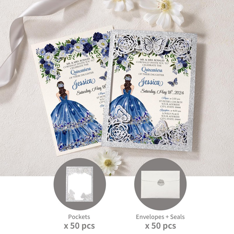DORIS HOME 50Pcs Glitter Silver Butterfly Quinceanera Invitations, 5" x