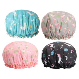 Baluue 4pcs Waterproof Beauty Hat Double Layer Bathing Cap Elastic Band Shower Accessories for Women Soft Reusable Flamingo/grey Flamingo/pegasus Random