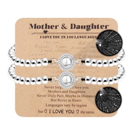 Uloveido 100 Languages I Love You Projection Bracelet Set of 2 for Mom and Daughter - Fashion Adjustable Silver Color Slider Metal Beaded Bracelet Daughter and Mother Bracelet for 2 YA4761