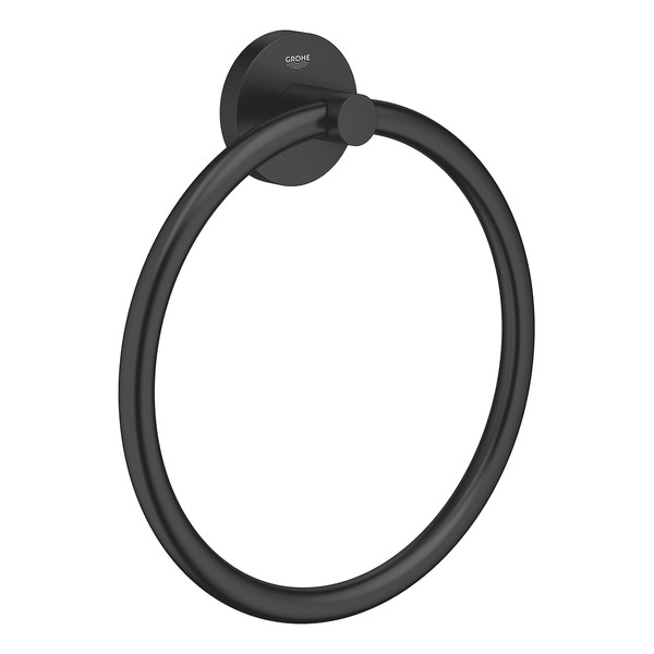 GROHE Start QuickFix Towel Ring (Metal, Concealed Fastening, Including Screws and Dowels, Extra Easy to Fit QuickGlue), Size 200 mm, Matt Black, 411742430
