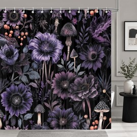 Moonslim Purple Floral Gothic Shower Curtain, Black Dark Flower Mushroom Botanical Leaves Aesthetic Bathroom Decor, Waterproof Fabric Curtain with 12 Hooks, 72x72 Inch