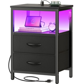 Huuger Night Stand with Charger Station and LED Lights, 2 Drawer Nightstand, Bed Side Table with Open Shelf, End Table, Fabric Dresser for Bedroom, Black, 1NS025B