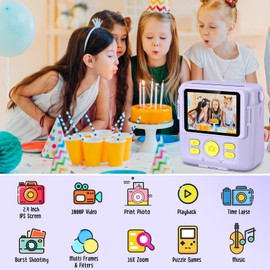Kids Camera, 1080P Instant Camera for Kids, 16x Digital Zoom Kids Camera for Girls, 32GB Card, 3 Rolls Print Paper, Birthday Christmas Kids Toys Gifts Selfie Childrens Digital Camera for Kids Age 3-12