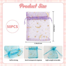 50pcs Organza Gift Bags,Moon Stars Organza Bags,Moon Star Drawstring Candy Bag,Mini Gift Pouches With Moon Star Pattern,With Drawstring,Multi Coloured