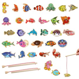 KQDRAVINE Wooden Fishing Game 31 Fish & 2 Fishing Rods Magnetic Game Magnetic Fishing Game from 2 Years & 3 Years Magnets Children Fish Toy Fish Fishing Game Funny Gifts for Children