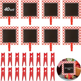 Picnic Party Chalkboard Cards BBQ Theme Mini Blackboard Red Gingham Chalkboard with Wooden Clips for Baby Shower Wedding Picnic Birthday Party Decoration, 3 Inch (40 Pieces)