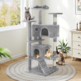 Multi-Level 54 Inches Cat Tree Tower, Indoor Climbing Tree Cat House with Scratching Posts, Condos, Dangling Ball and Round Extended Platform for Cats to Play and Sleep