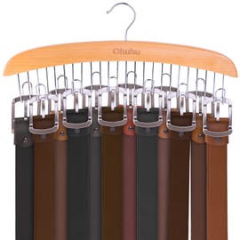 Belt Hanger Organizer for Closet: Ohuhu 12 Hooks Max 36 Belts Tie Rack Wooden Belt Holder for Storage 360 Degree Rotating Space Saver Organizer for Men Women Belt Tie Scarf Accessories-Burlywood