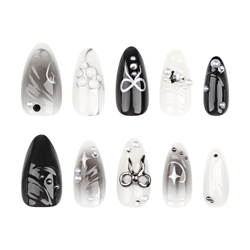 24 Pieces Handmade False Nails Almond - Black Press on