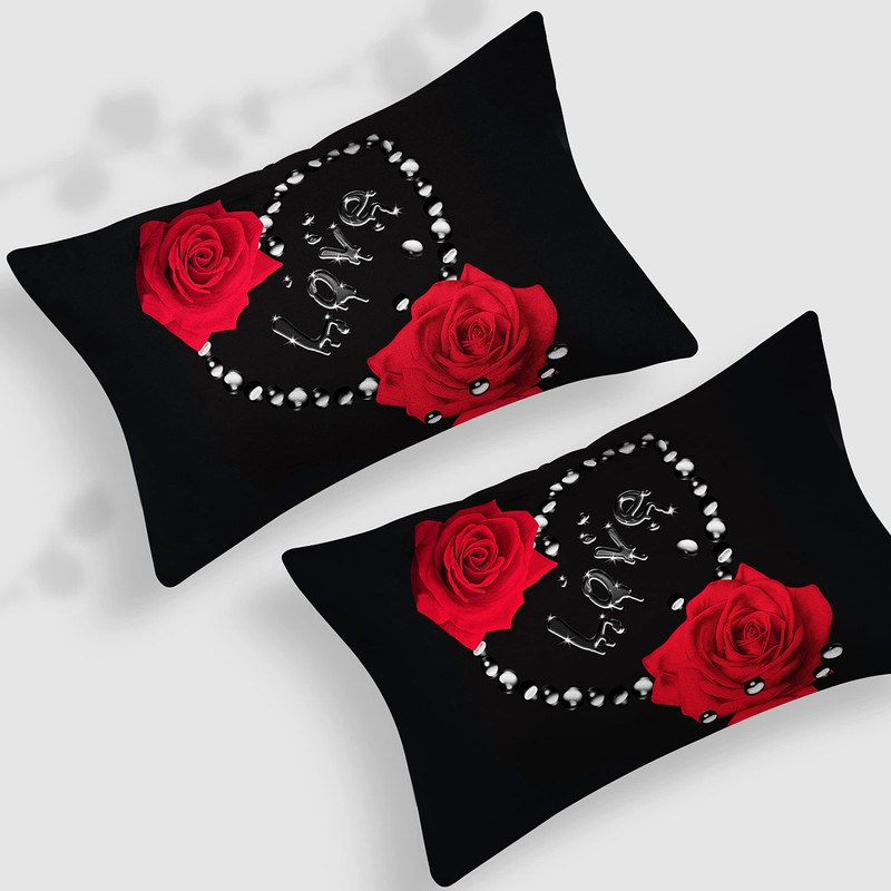 HZVRTN Bed Linen 3D Red Rose Duvet Cover Set with