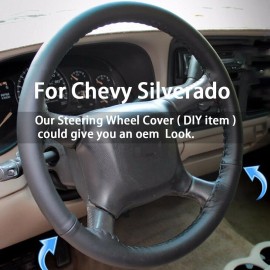 AQJ 15" Steering Wheel Cover Genuine Leather for Chevy Silverado 1500 2500 HD Black