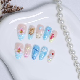 Summer Ocean Press on Nails Medium Almond French Tip Fake Nails 3D Colorful Flowers False Nails with Pearl Gold Beads Charms Design Acrylic Nails Turtle Starfish Seashell Glue on Nails for Women 30Pcs