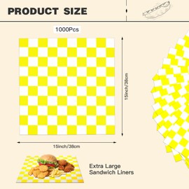 Colarr 1000 Pcs Waxed Paper Sheets Bulk 15 x 15 Inch Large Sandwich Wrapping Papers Checkered Deli Food Basket Liners for Burgers Bread Restaurant Barbecue Picnic(Yellow)